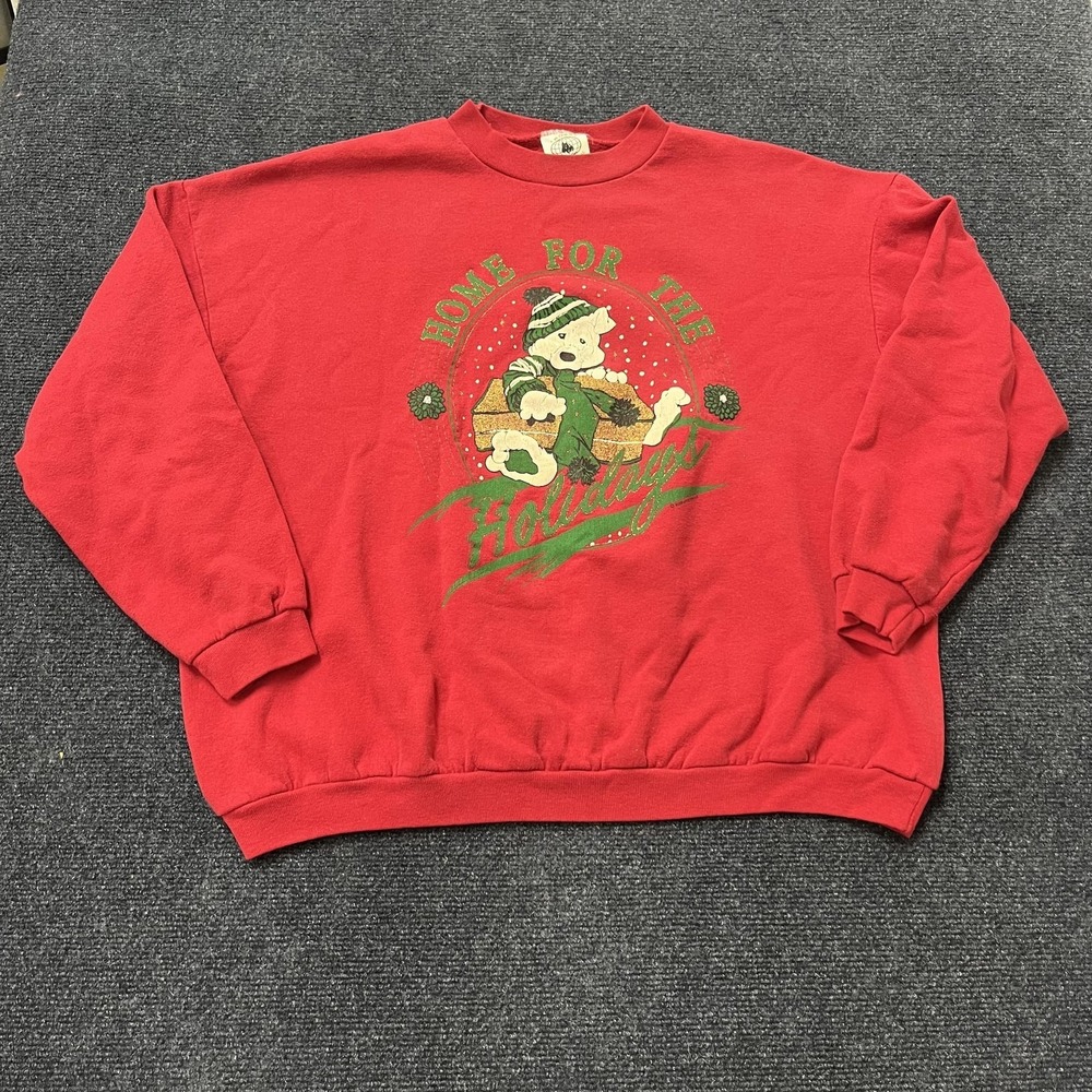 Vintage Home For The Holidays Sweatshirt Womens‎ One Size Red Christmas Bear 90s